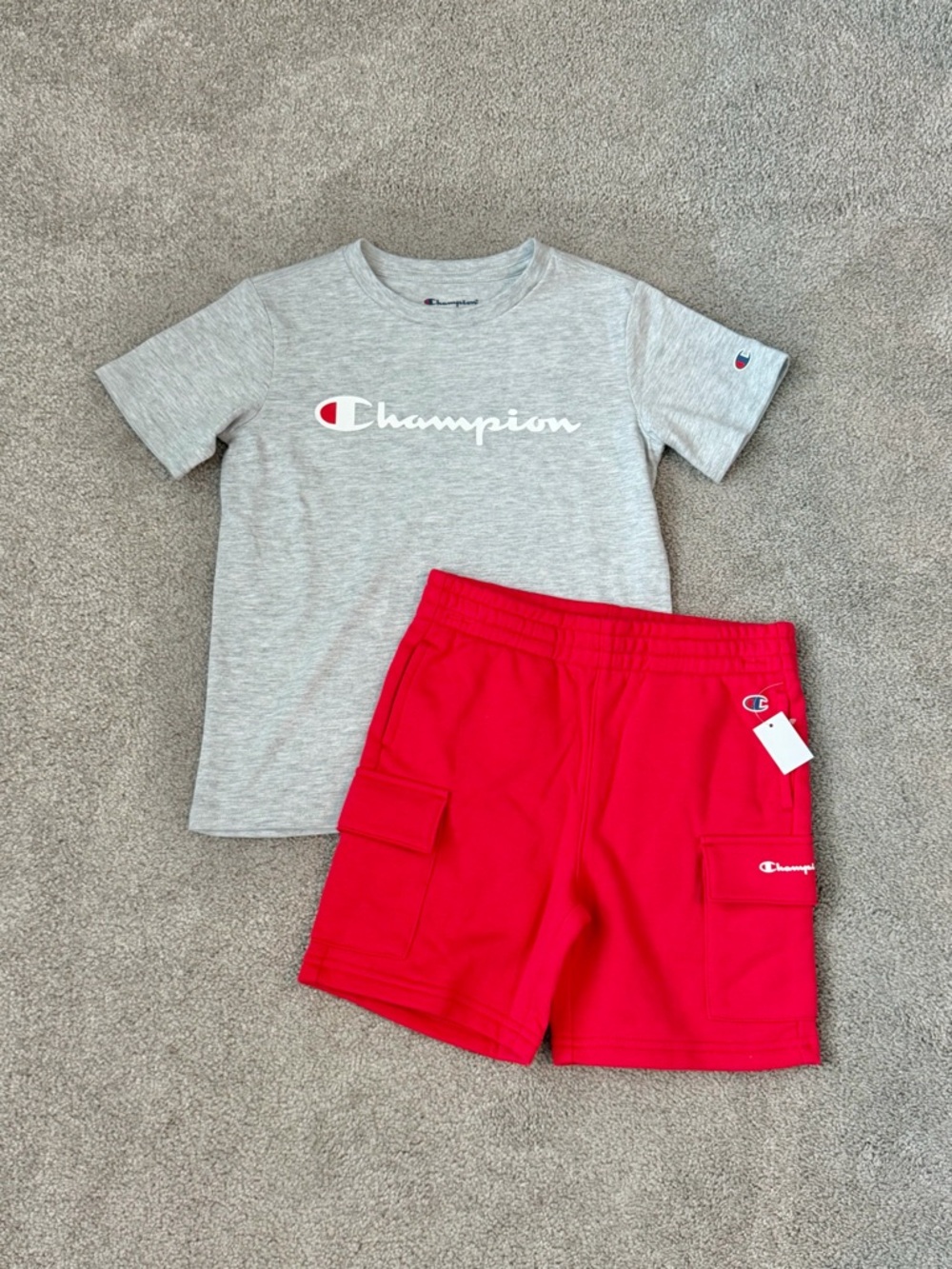 Champion Gray Logo Tee with Red Cargo Shorts 2pc Set